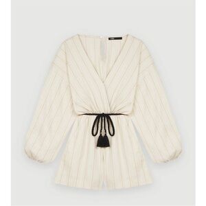 NEW WITH TAG - Maje Cream Striped V-Neck Long-Sleeve Romper with Black Rope Belt